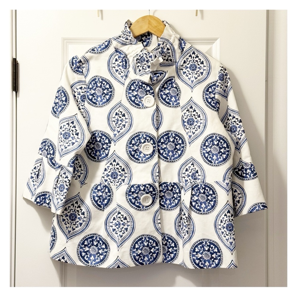 Patty Kim Womens Geo Print Long Sleeve Button Up Shirt Blouse Blue White Size 2X